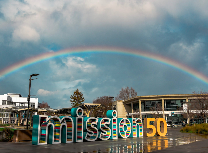 Rainbow showing over a college campus 